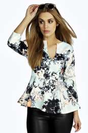 Sophie Plunge Neck Print Peplum Top - multi