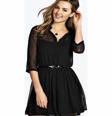 Talia 3/4 Sleeve Belted Chiffon Shirt Dress -