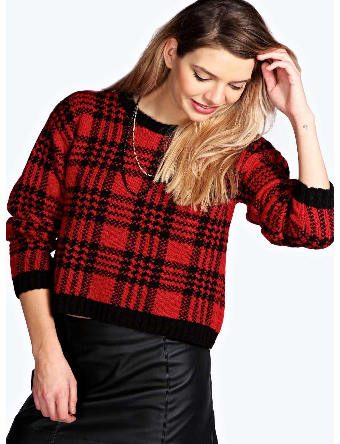 Tara Crop Tartan Soft Knit Jumper - red azz17778