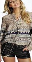 boohoo Tie Paisley Feather Trim Blouse - mocha azz04856