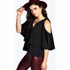 boohoo V Neck Double Layer Cape Blouse - black azz20623