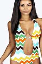 boohoo Zig Zag Print Cut Out Swimsuit - multi azz21483