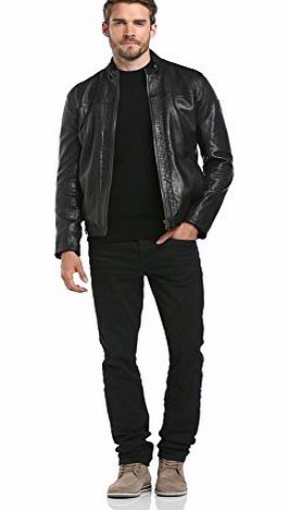 Boss Orange  Mens Jips Stand Collar Leather Jacket, Black, Small (Brand Size: 48)