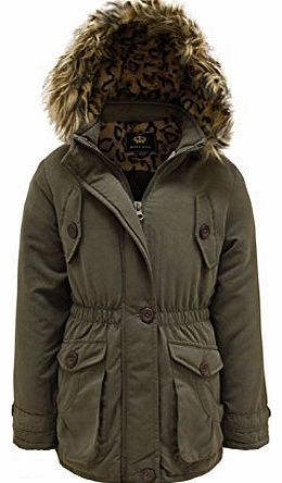 Brave Soul  GIRLS KIDS FUR HOODED MILITARY CANVAS PARKA JACKET COAT KHAKI 11-12