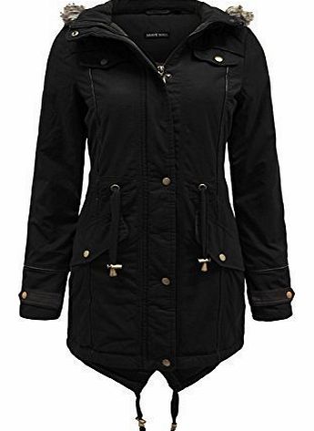 Brave Soul  LADIES FUR OVERSIZED HOOD FISHTAIL JACKET PADDED PARKA COAT BLACK 18