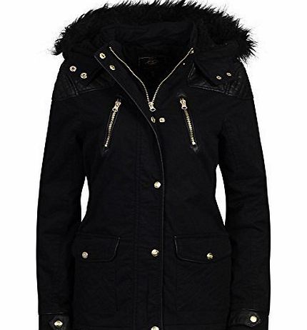 Brave Soul  LADIES PVC TRIM FAUX FUR HOODED PARKA JACKET WOMENS COAT BLACK 14