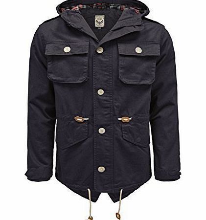 Brave Soul  MENS DESIGNER VINTAGE TARTAN HOODED PARKA COTTON FISHTAIL JACKET COAT NAVY S