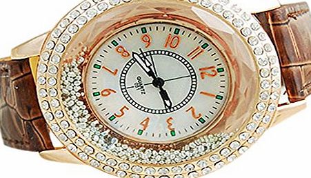 Broadfashion Fashion Womens Leather Strap Shinning Rhinestones Quartz Watch Ladies Dress Watches (Brown)