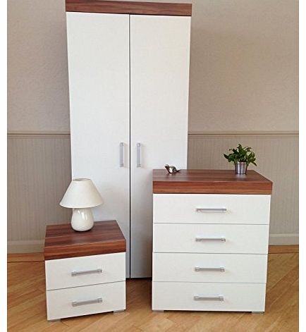 Kansas Bedroom Set - 2 Door Robe, 4 Drawer Chest, 2 Drawer Bedside Chest (White and Walnut)