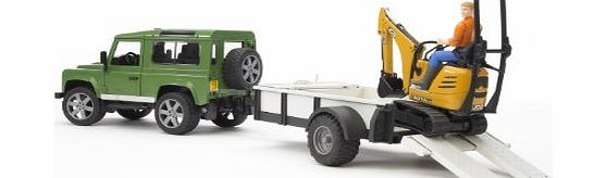 Bruder Land Rover Defender with One Axle Trailer, JCB Micro Excavator and Worker