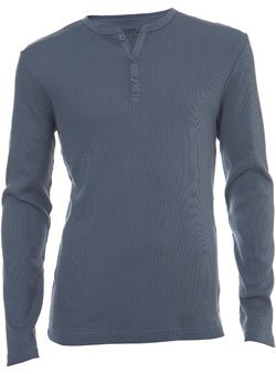 Blue Ribbed Grandad Neck Long Sleeve T-Shirt