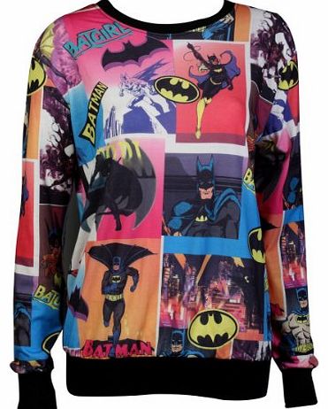 BusyBug WOMENS LADIES BATMAN SUPERMAN COMIC PRINT PRINTED TOP JUMPER SWEATSHIRT SIZE 814 (S/M, BATMAN LAGO)