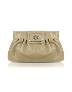 Beige Genuine Leather Twist-lock Clutch