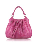 Fuchsia Croco Stamped Leather Drawstring Tote Bag