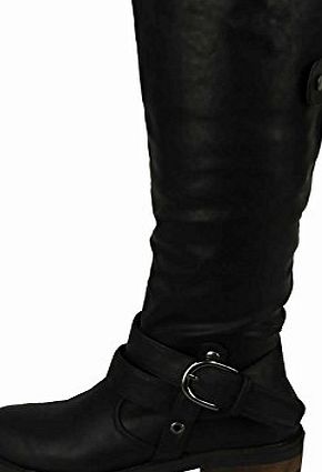 ByPublicDemand B1K New Womens Ladies Fashion Winter Mid Calf Under Knee Biker Boots Shoes Black Size 6 UK