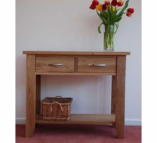 Cadi Oak New Solid Cambridge Oak Console / Hall way / Phone / Lamp / Telephone Table with 2 Drawers amp; Storage Shelf