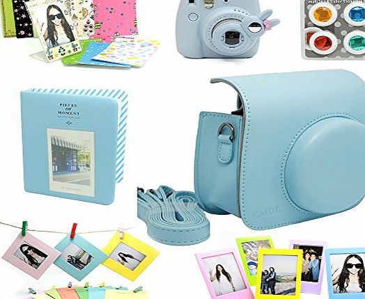 CAIUL Fujifilm Instax Mini 8 Instant Camera Accessory Bundles Set (Included: Blue Mini 8 Vintage Case Bag/ Blue Diamond Style Instax Mini Book Album/ Blue Rabbit Design Mini 8 Close-Up Lens(Self-Portrait Mi