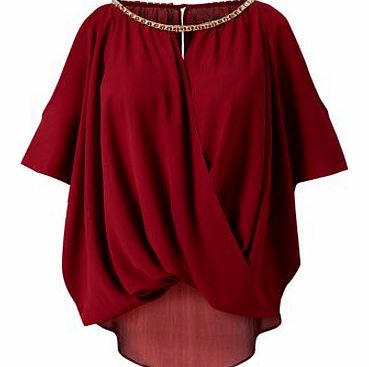 Cameo Rose Burgundy Metal Trim Neck Wrap Blouse