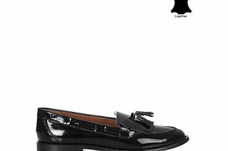 Black patent leather tassel loafers