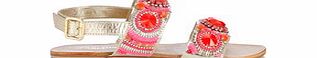 Gold leather pink beaded sandals
