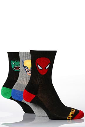 Cartoon Heroes Boys 3 Pairs Marvel Heroes Sports Socks - Hulk, Spiderman and Wolverine In 3 Colours White 6-8.5 Kid