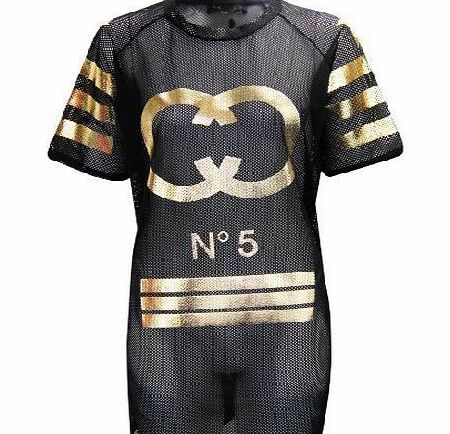 CELEB LOOK C45 WOMEN LADIES AIR TECH VARSITY NO.5 GOLD FOIL AMERICAN BASKETBALL T-SHIRT TOP (M/L(UK12-14), BLACK)