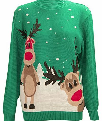 CELEB LOOK I49 NEW WOMEN DOUBLE REINDEER SNOWFLAKES LADIES MEN UNISEX PLUS SIZE XMAS JUMPER (3XL (UK 24-26), DOUBLE REINDEER JADE)