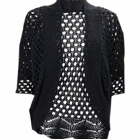 CELEB LOOK N36 NEW WOMENS PLUS SIZE CROCHET CARDIGAN LADIES TOP KNITTED BOLERO SHRUG IN 08-28 (ONE SIZE (UK 12-16), BLACK)