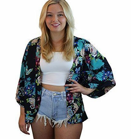 CELEB LOOK Oversized Open Floral Flower Kimono Cardigan Aqua amp; Black Sizes 8-14