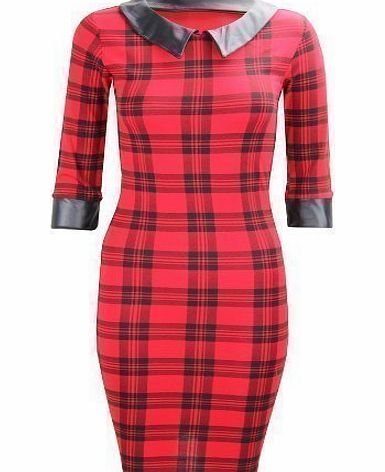 CELEB LOOK P23 WOMEN LADIES STRIPE CHECK TARTAN BODYCON PVC PEATER PAN COLLAR TAILORE DRESS (M/L (UK 12-14), TARTAN RED)