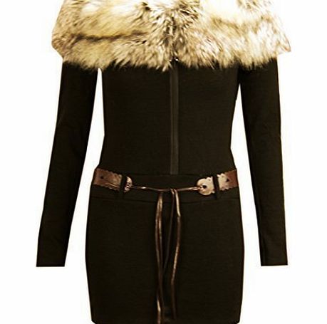 CELEB LOOK P53 NEW WOMENS LADIES FAUX FUR ZIP UP BELTED JUMPER DRESS IN SIZE 08-14 (M/L(UK 12-14), BLACK)