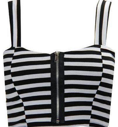 P58 WOMENS LADIES WET LOOK BRALET FAUX LEATHER BANDEAU PU CROP STRAP ZIP BRA TOP (M/L (UK 12-14), BLACK & WHITE STRIPE)