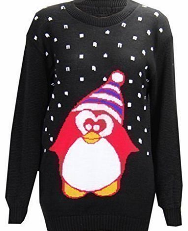 CELEB LOOK U23 NEW WOMENS LADIES PENGUIN SNOWFLAKE CHRISTMAS XMAS KNITTED PLUS SIZE JUMPER (M/L (UK 12-14), BLACK)