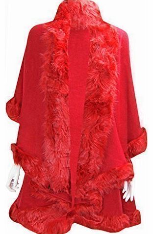 CELEB LOOK W45 NEW WOMENS FAUX FUR TRIM LADIES CAPE PONCHO ROMANY IN PLUS SIZE 08-26. (ONE SIZE (UK 16-20), RED)