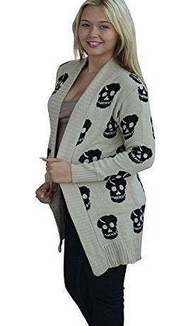 CELEB LOOK Womens Knitted Open Skull Cardigan Ladies Boyfriend Jumper Print Top - Stone - 12/14