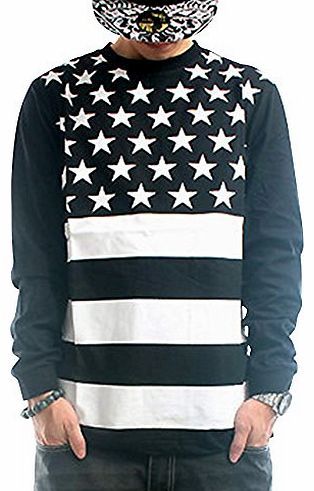 Chalmart-QIBO QIBO Mens Fashion Street Stars Print Round Neck Long Sleeve T-Shirt L Black