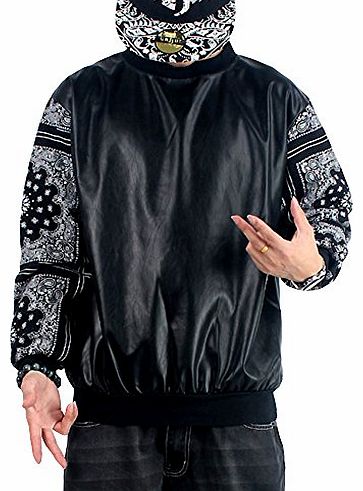 Chalmart-QIBO QIBO Mens Pullover Loose Street Dance Printed Splice Hip Hop Hoodie L Black