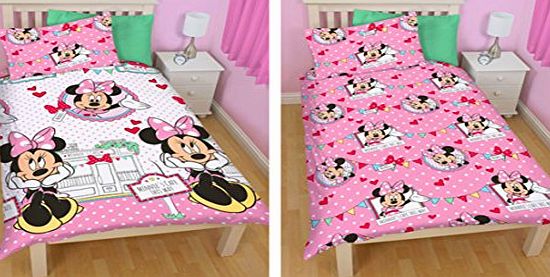 Character World OFFICIAL DISNEY WORLD MINNIE MOUSE GIRLS REVERSIBLE DUVET COVER SET - Children Reversible Pink Single Bed Set Pink White Single Duvet Pillowcase Set (MMC1)