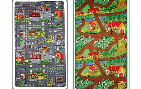 Childrens Rugs Childrens reversible Roadmap Farmlife Playmat Rug Bedroom Playroom Cars Animal Rugs