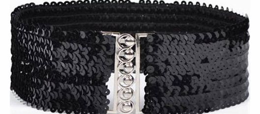 chinkyboo Caltrad Black Women Belts Sequins Elastic Ladies Stretchy Shinning Waist Band Casual Stylish --- 56 x 7cm (L