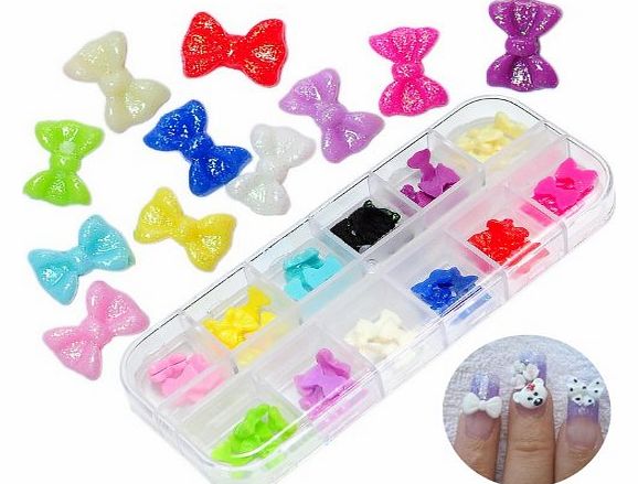 60 Pcs 12 Mix Colors Acrylic 3D Rhinstone Nail Art Glitter Bows / Bowknot Design With Storage Case