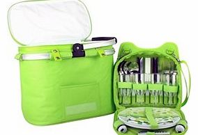 Camping Picnic Basket Hamper Bright Green Polkadots Inc Plates, Cutlery, Accs