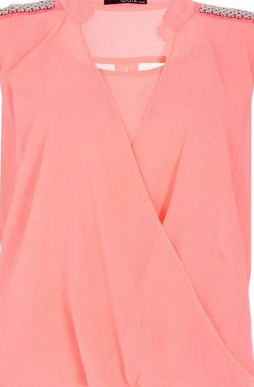 Coral Wrap Over Embellished Shoulder Blouse