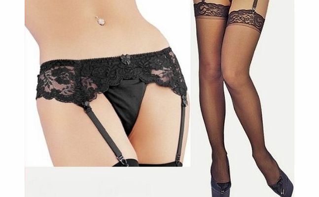 DamHot Lingerie Silk Suspender Belt with Matching Seamed Stockings (XL (fits waist 30`` - 32``))