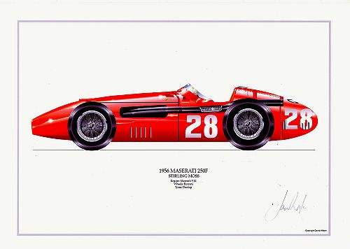 David Wilson Maserati 250F - Stirling Moss signed by artist Measures 48cm x 32cm (19x13)