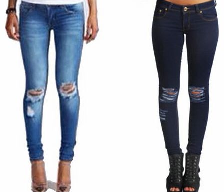 Dead Funky WOMENS LADIES SKINNY FIT RIPPED JEANS DENIM BLUE SIZE 8-14 (10, DENIM BLUE)