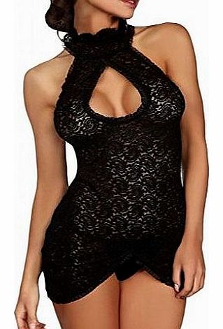 Dear-lover Womens Lace Halter Neck Mini Chemise Dress One Size Black