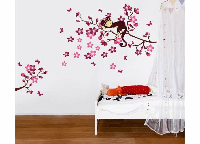 DecoBay Sleeping Monkey on Pink Flower Tree Wall Sticker for children bedroom baby nursery