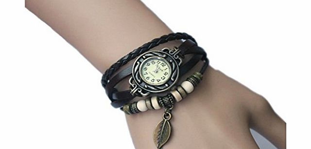 Demarkt Fashion Accessories Retro Weave Wrap Around Leather Bracelet with Vintage Leaf Pendant Lady Wrist Wa