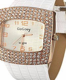 Denis Ftomov 5 Color Ladies Womens Square Diamante Dial PU Band Quartz Analog Wrist Watch (White)